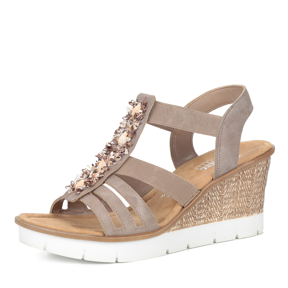 Бежевые декорированные босоножки на танкетке Rieker