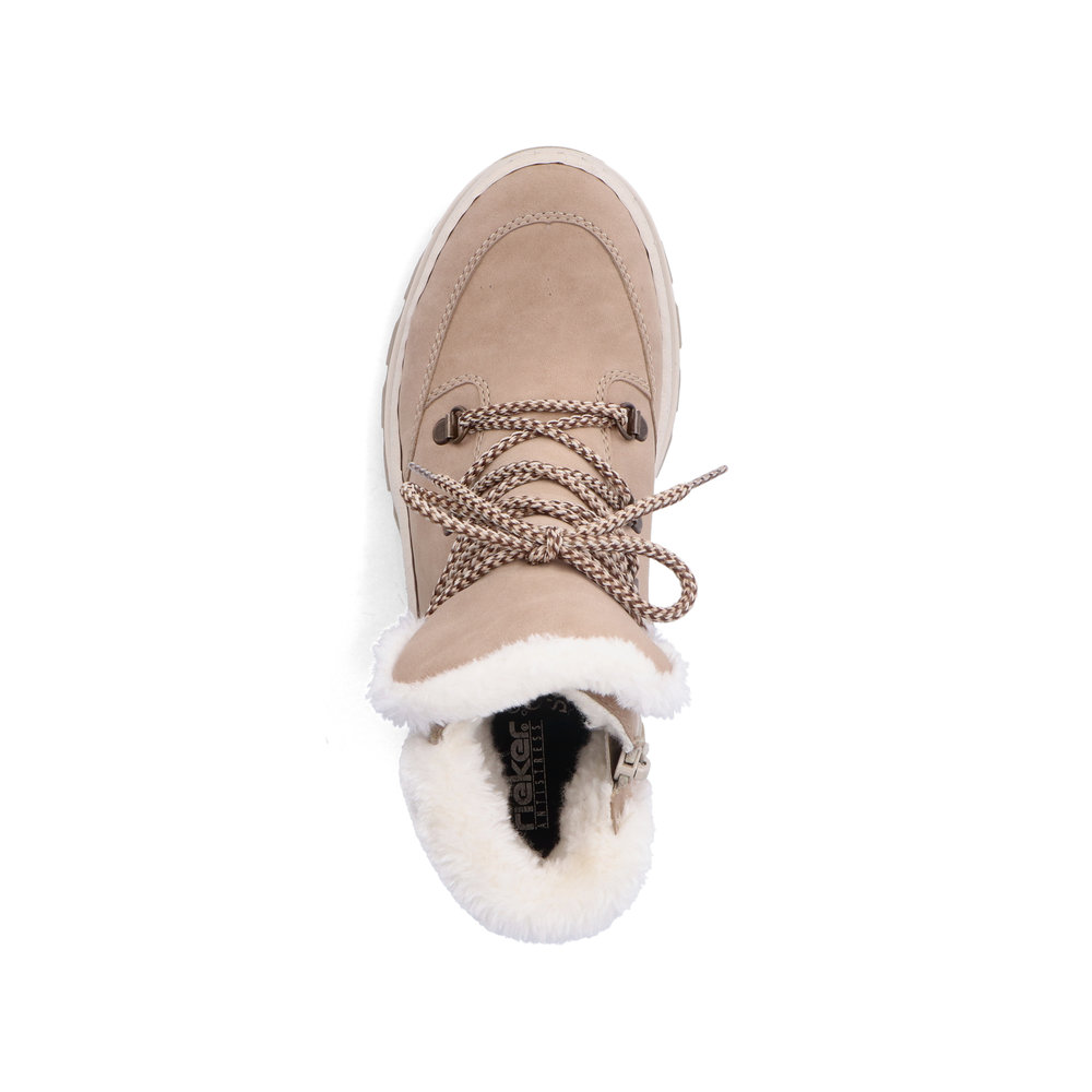 Светло-бежевые утепленные ботинки хайкеры из экокожи на утолщенной подошве Rieker