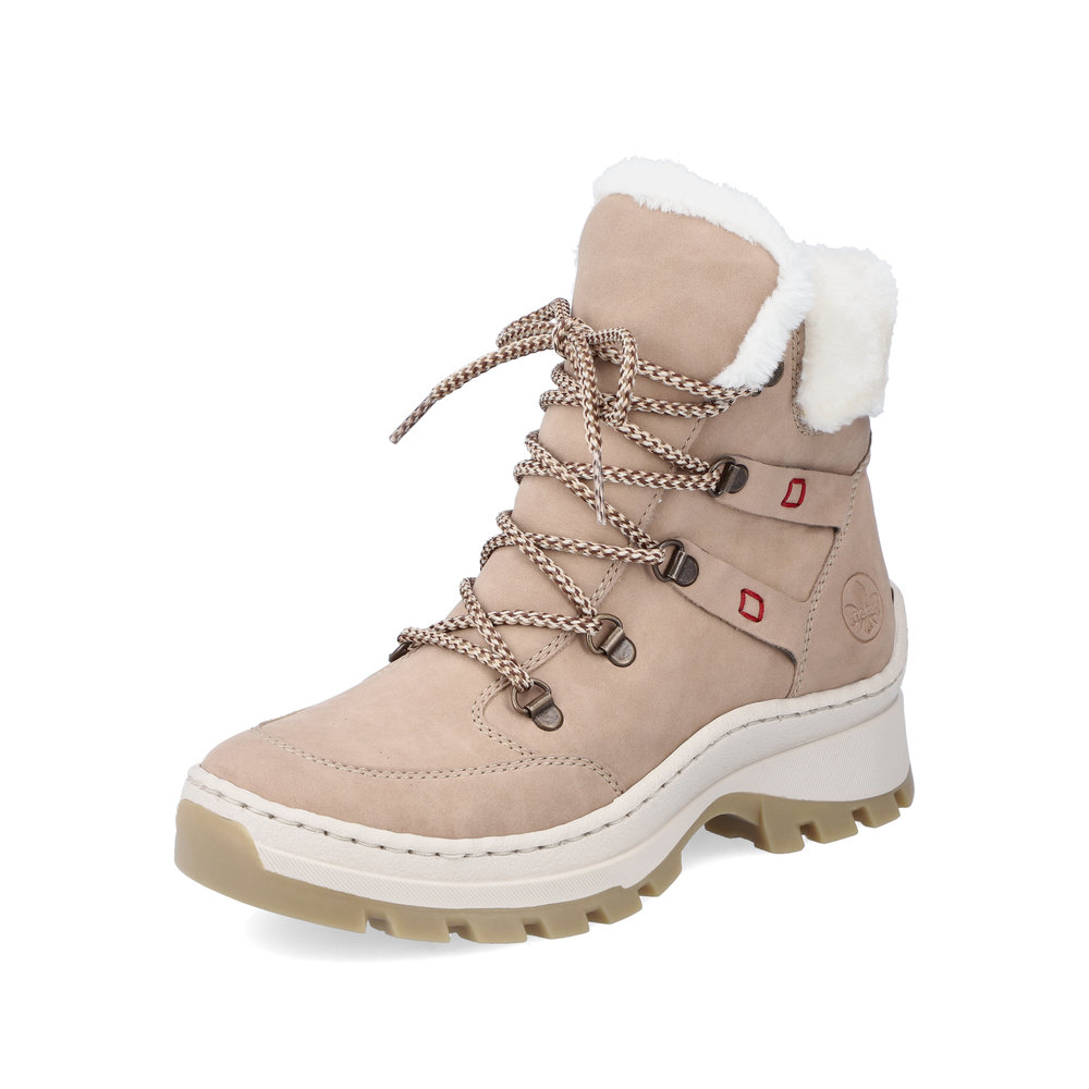 Светло-бежевые утепленные ботинки хайкеры из экокожи на утолщенной подошве Rieker