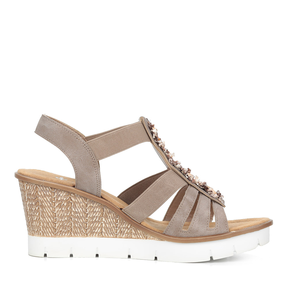 Бежевые декорированные босоножки на танкетке Rieker