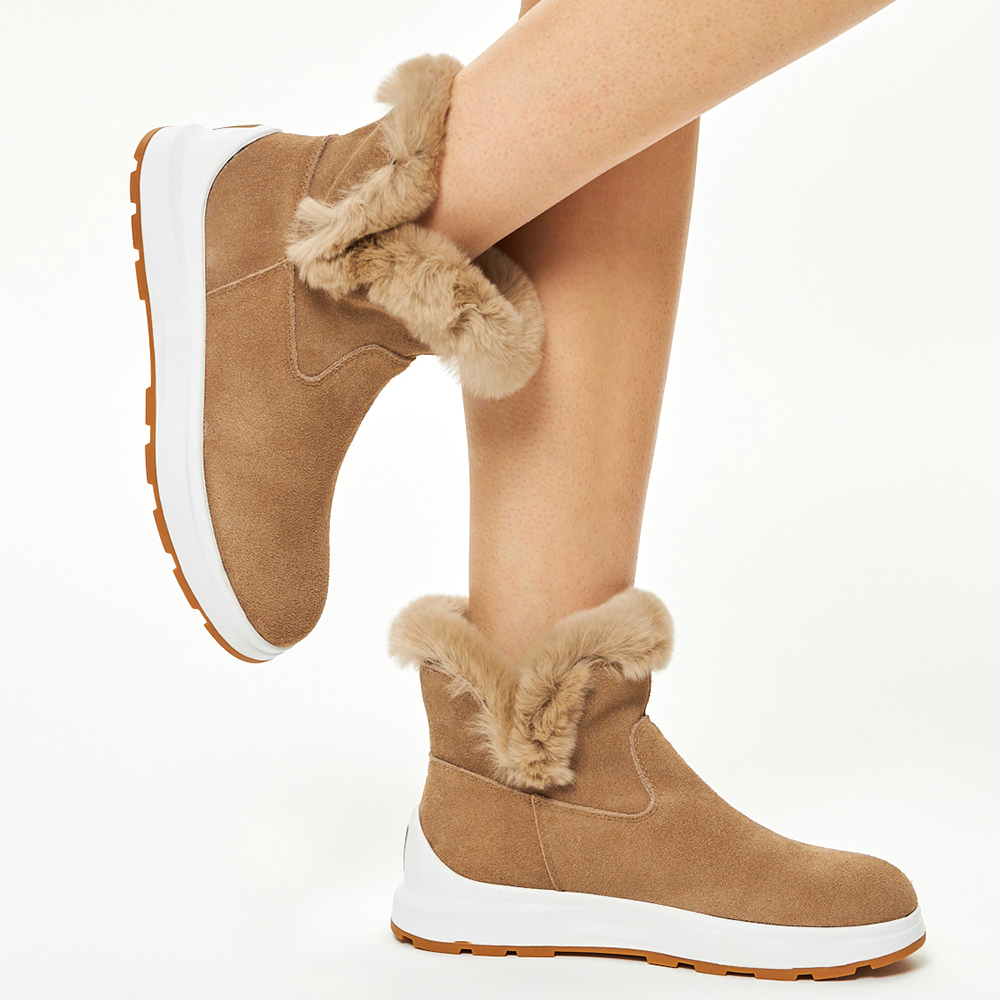 Бежевые ботинки из велюра с декоративной опушкой на подкладке из натуральной шерсти Respect