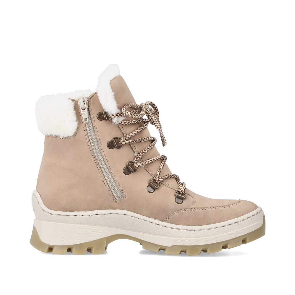 Светло-бежевые утепленные ботинки хайкеры из экокожи на утолщенной подошве Rieker