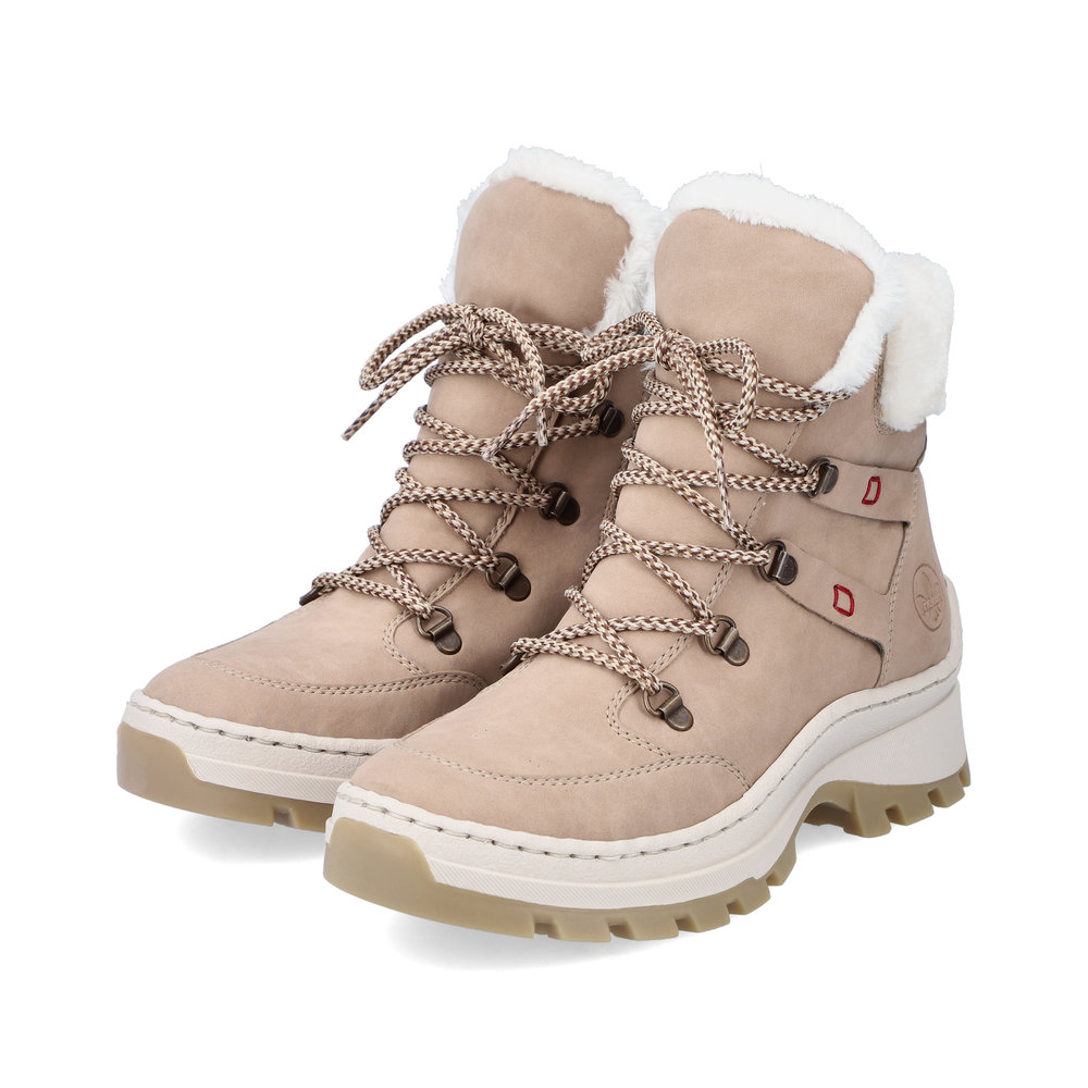Светло-бежевые утепленные ботинки хайкеры из экокожи на утолщенной подошве Rieker