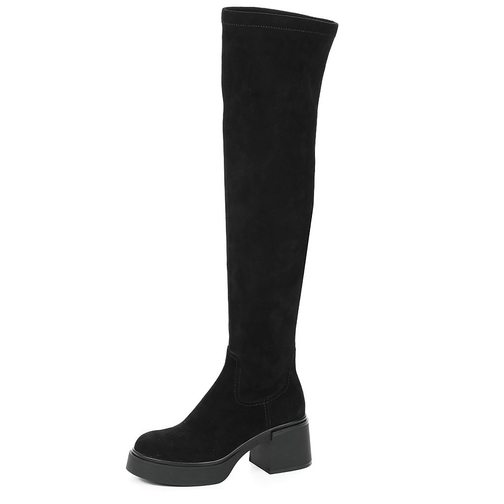 Черные сапоги ботфорты из велюра и стрейч велюра Respect