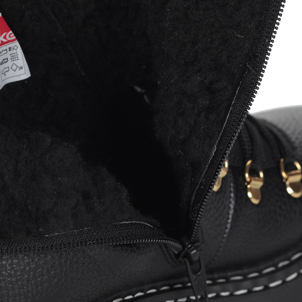 Черные ботинки из экокожи на подкладке из искусственной шерсти на тракторной подошве Rieker