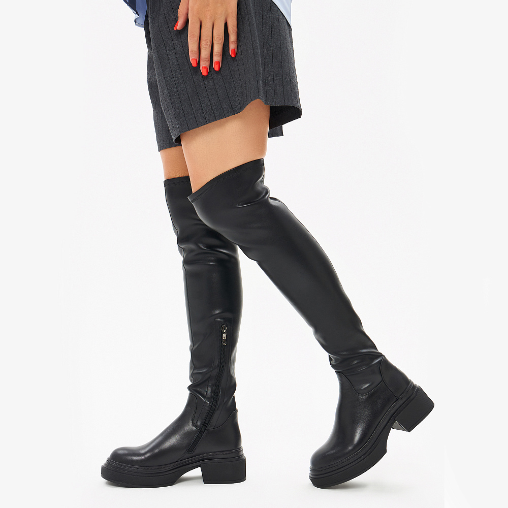 Черные сапоги ботфорты из кожи и стрейч кожи Respect