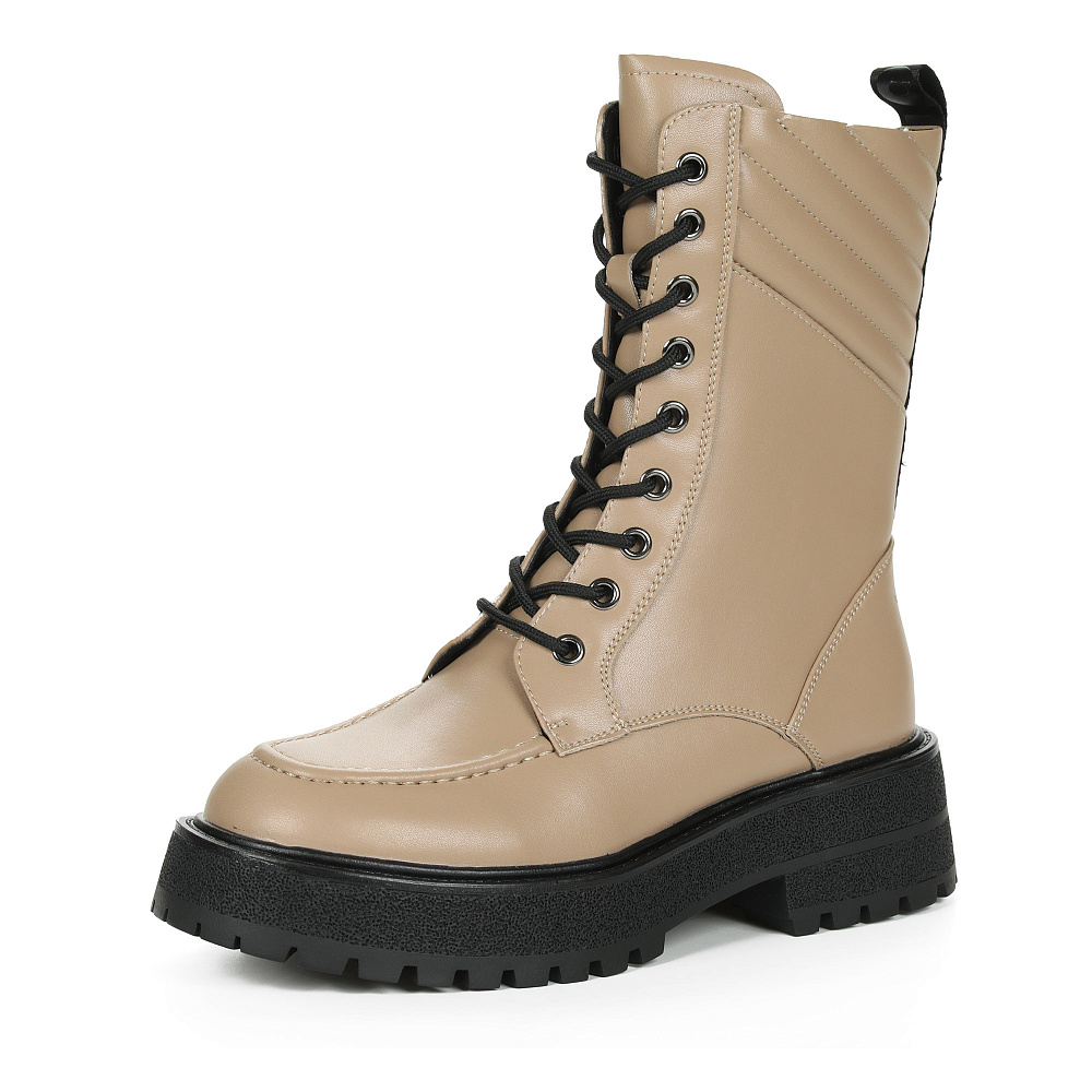 Темно-бежевые высокие ботинки из кожи с декоративной отстрочкой на подкладке из текстиля на утолщенной тракторной подошве Respect