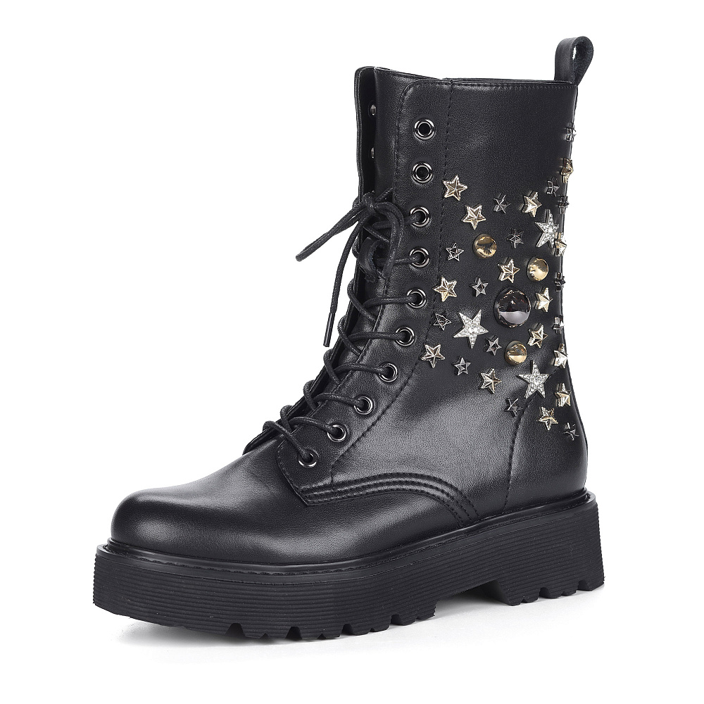 Черные полусапоги из кожи на шнуровке с декором Respect