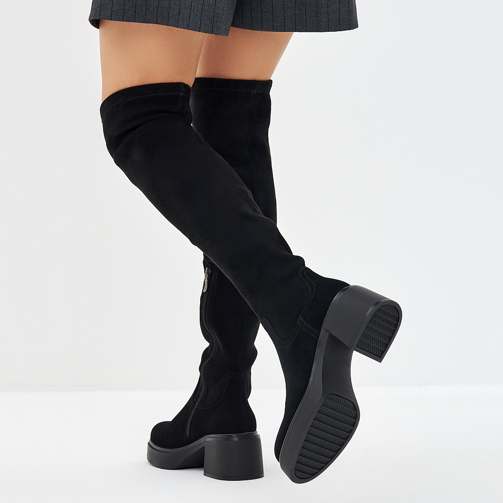 Черные сапоги ботфорты из велюра и стрейч велюра Respect