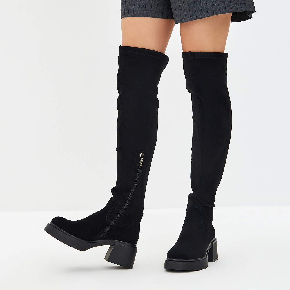 Черные сапоги ботфорты из велюра и стрейч велюра Respect