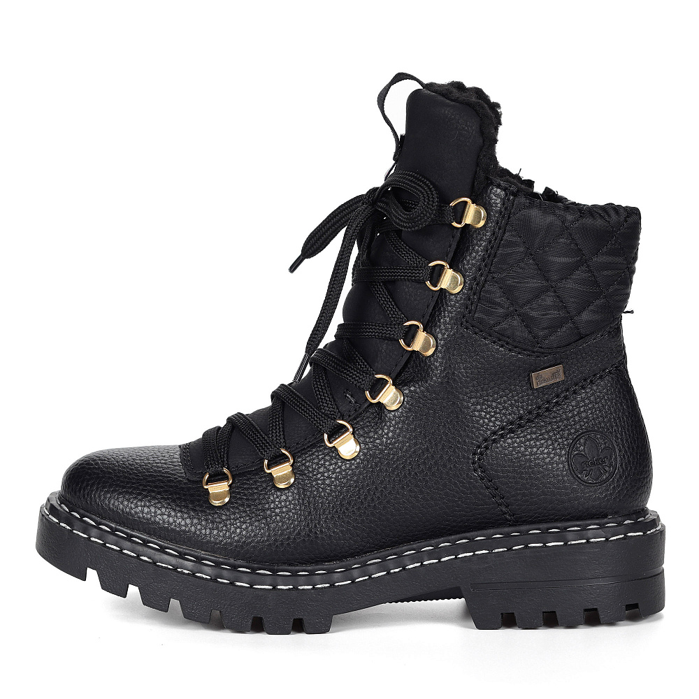 Черные ботинки из экокожи на подкладке из искусственной шерсти на тракторной подошве Rieker