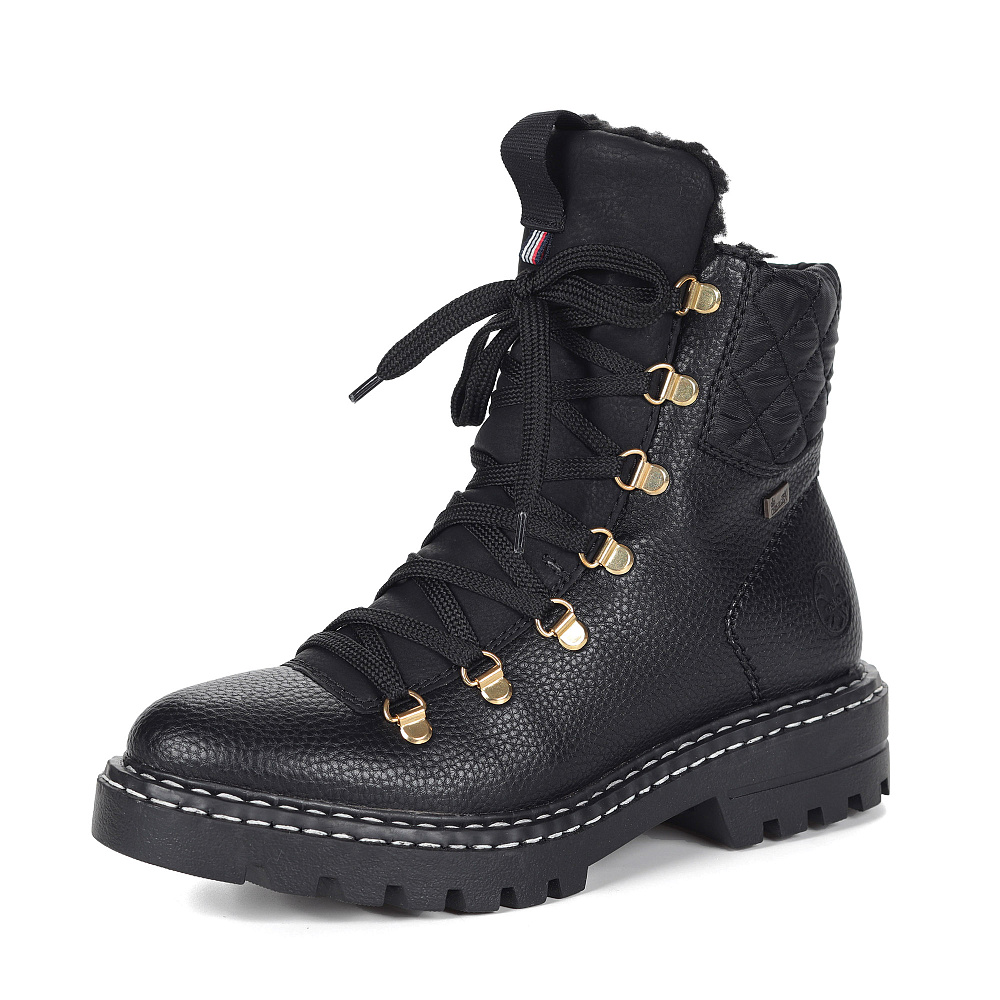 Черные ботинки из экокожи на подкладке из искусственной шерсти на тракторной подошве Rieker